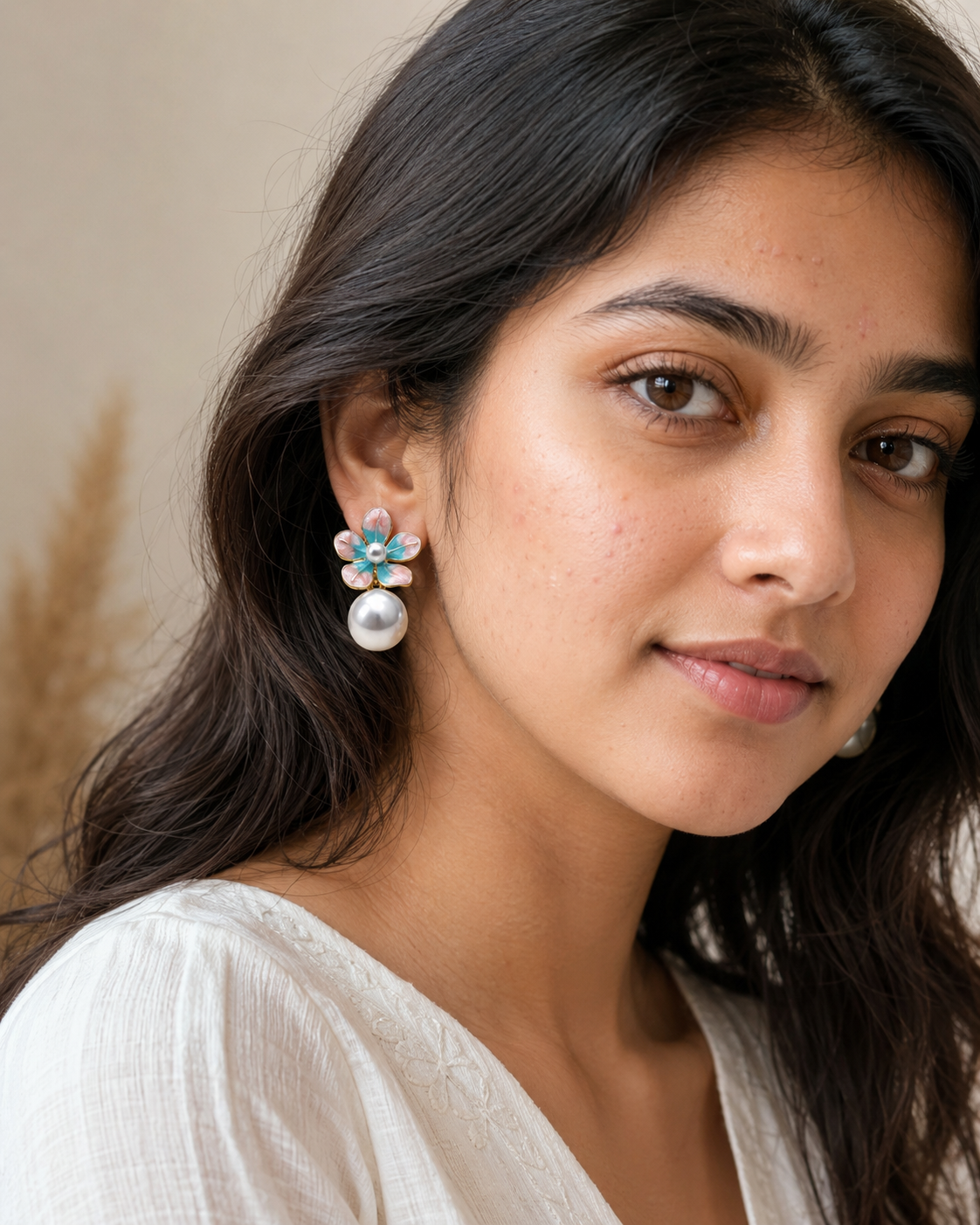 Multicolour Floral Pearl Drop Earrings for Women – Pink & Turquoise Gold-Tone Flower Statement Earrings - Soul Jewellery