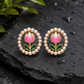 Pink Tulip Pearl Stud Earrings for Women – Gold-Tone Floral Earrings with Green Leaf Detail