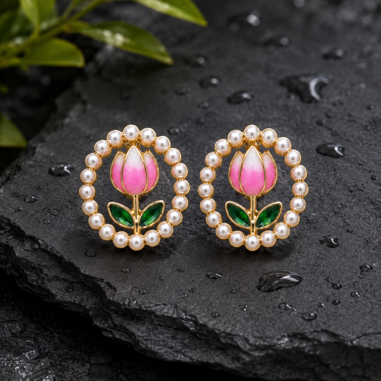 Pink Tulip Pearl Stud Earrings for Women – Gold-Tone Floral Earrings with Green Leaf Detail