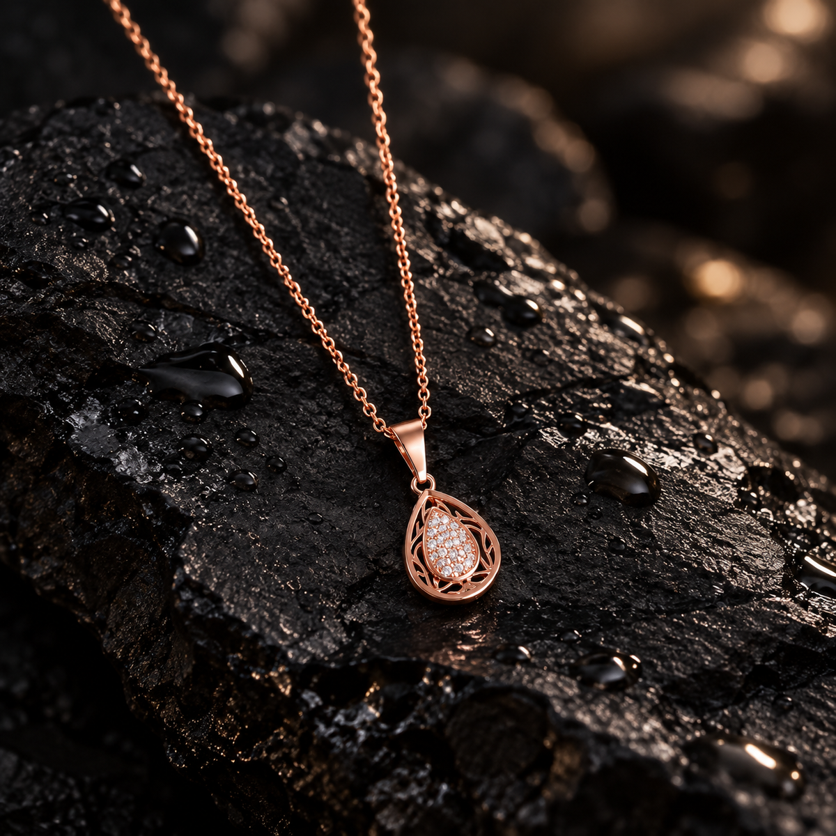 Rose Gold-Tone Stainless Steel Teardrop Crystal Pendant Necklace for Women | Minimal Necklace - Soul Jewellery