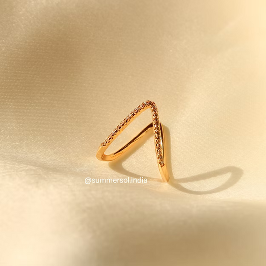 18K Gold Plated Anti-Tarnish V Ring – Elegant Minimalist Open Ring with Crystal Accents for Women