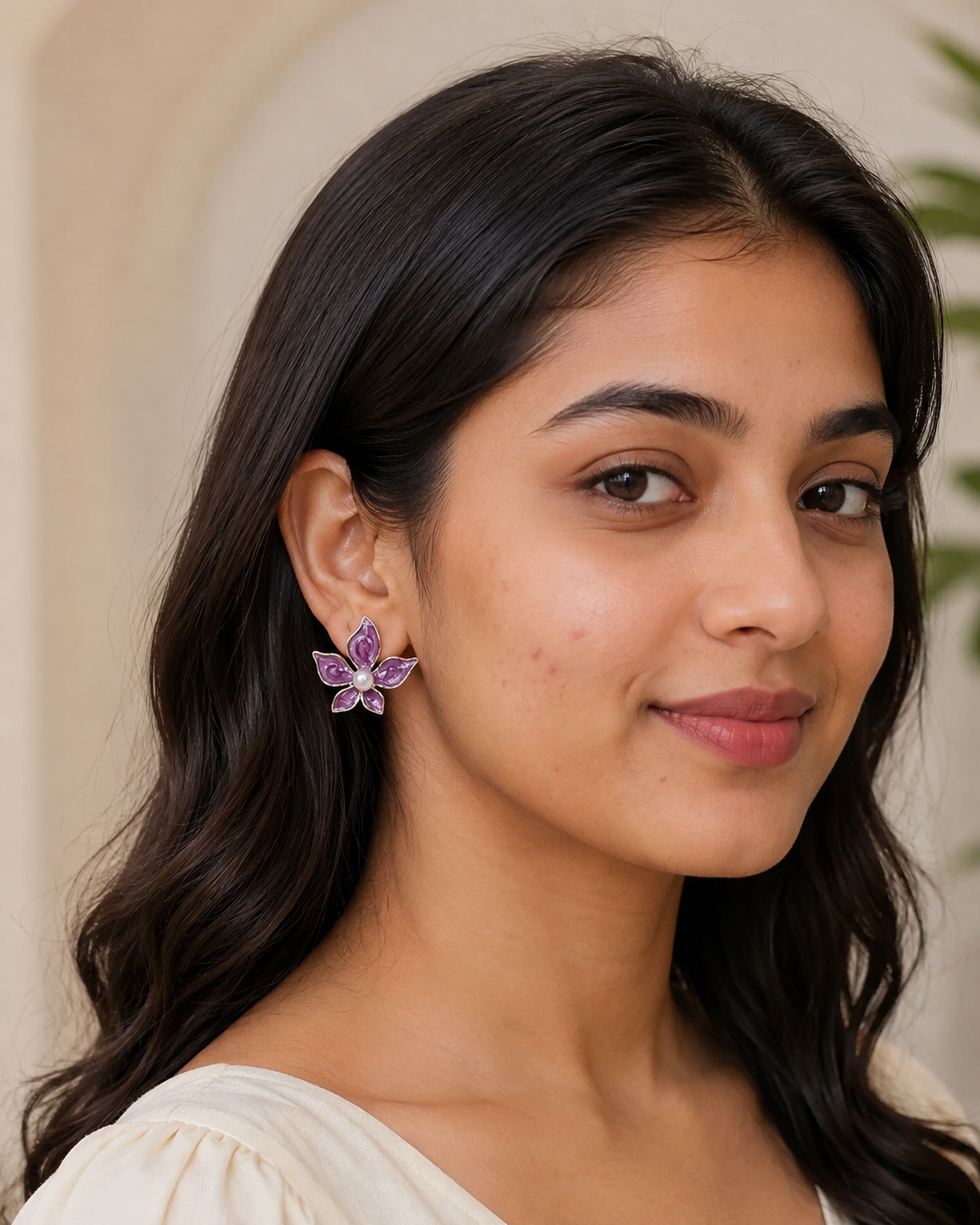 Purple Floral Pearl Stud Earrings for Women – Gold-Tone Enamel Flower Earrings - Soul Jewellery