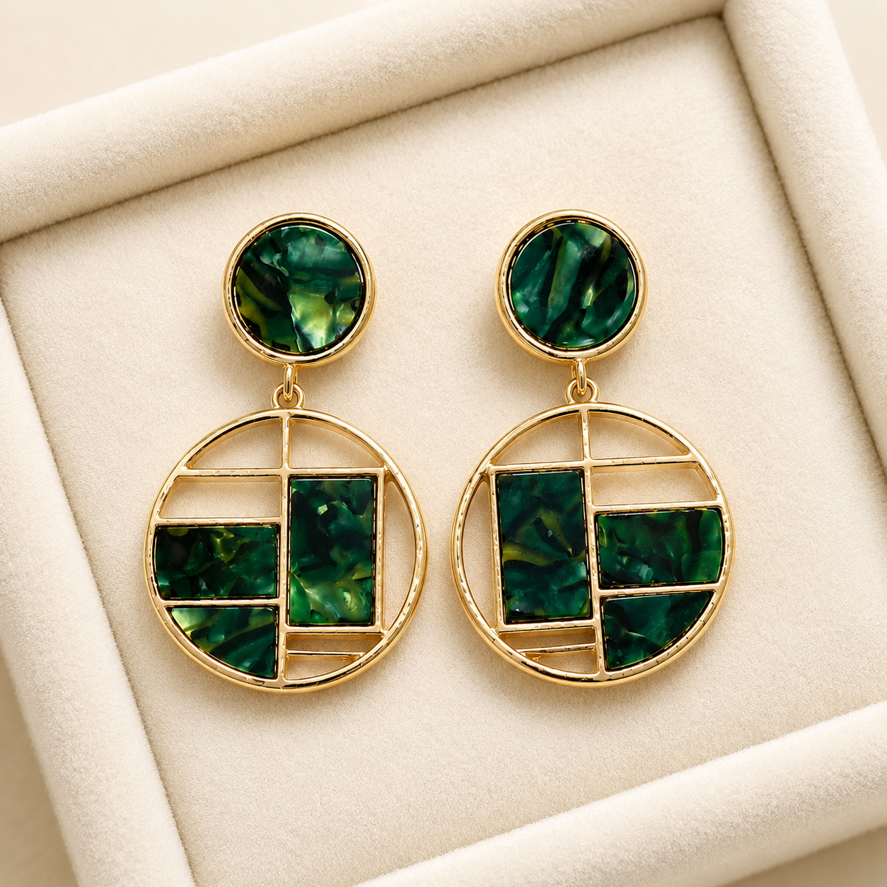 Emerald Green Marble Geometric Drop Earrings – Gold-Tone Statement Dangle Earrings for Women - Soul Jewellery
