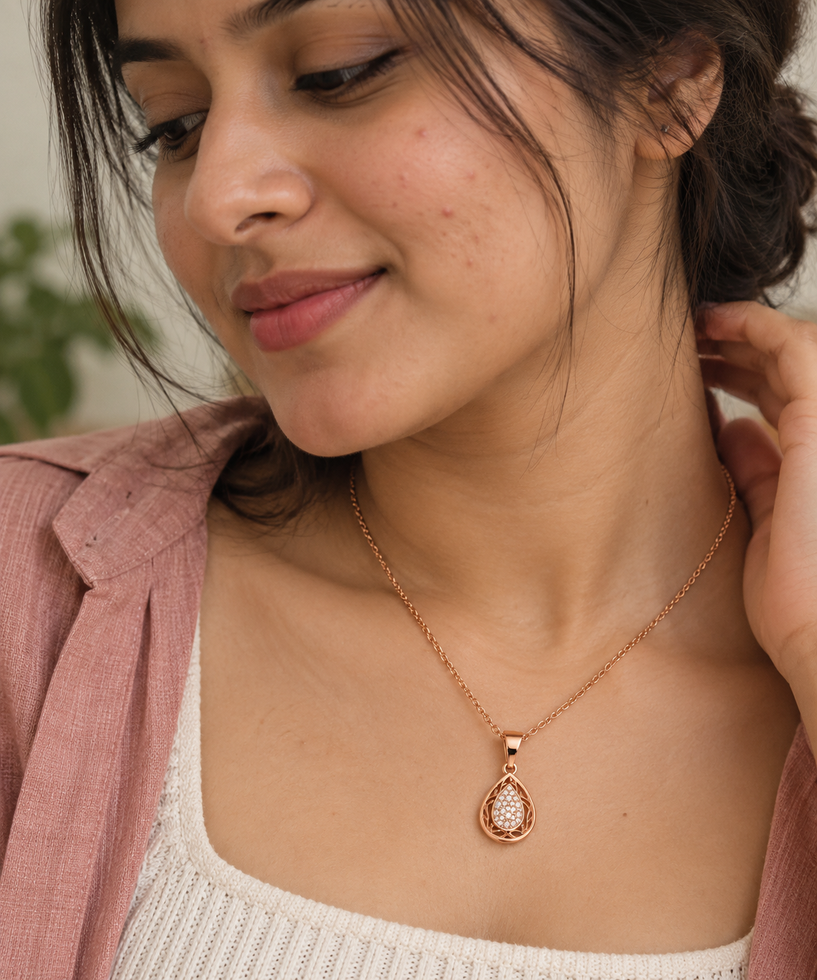 Rose Gold-Tone Stainless Steel Teardrop Crystal Pendant Necklace for Women | Minimal Necklace - Soul Jewellery