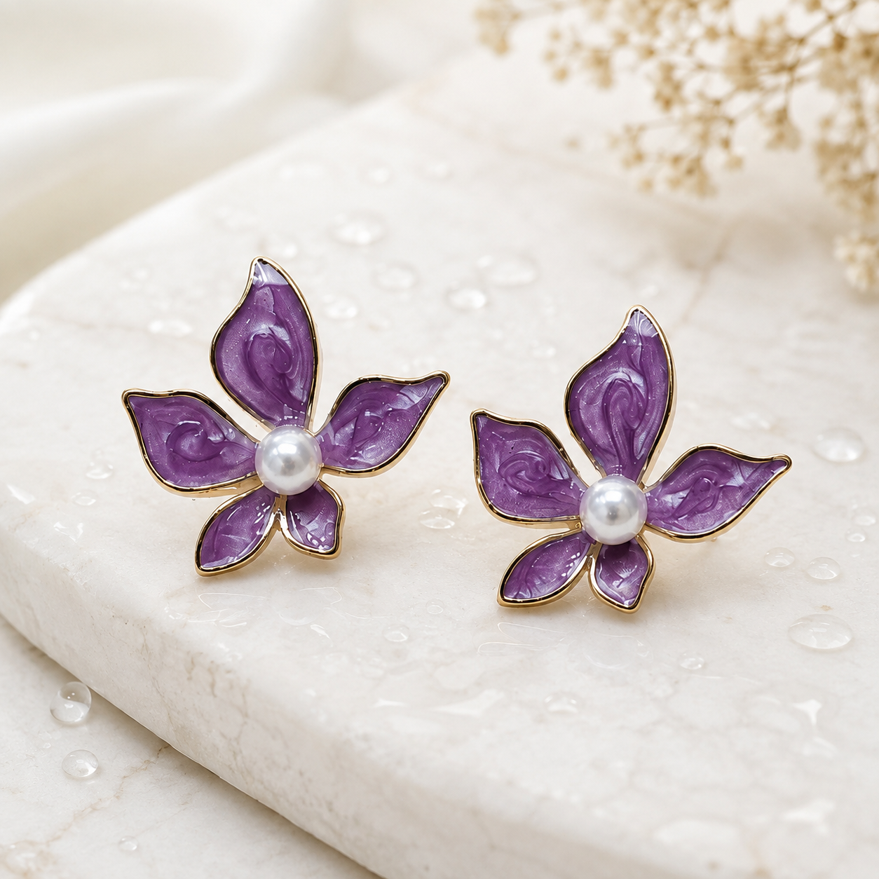 Purple Floral Pearl Stud Earrings for Women – Gold-Tone Enamel Flower Earrings - Soul Jewellery