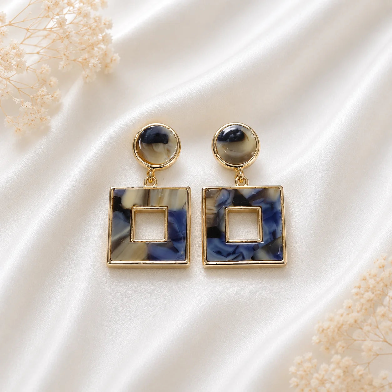 Blue Marble Geometric Square Drop Earrings for Women – Gold-Tone Statement Dangle Earrings