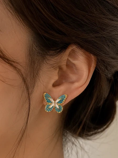 Turquoise Blue Butterfly Stud Earrings for Women – Gold-Tone Enamel Butterfly Earrings