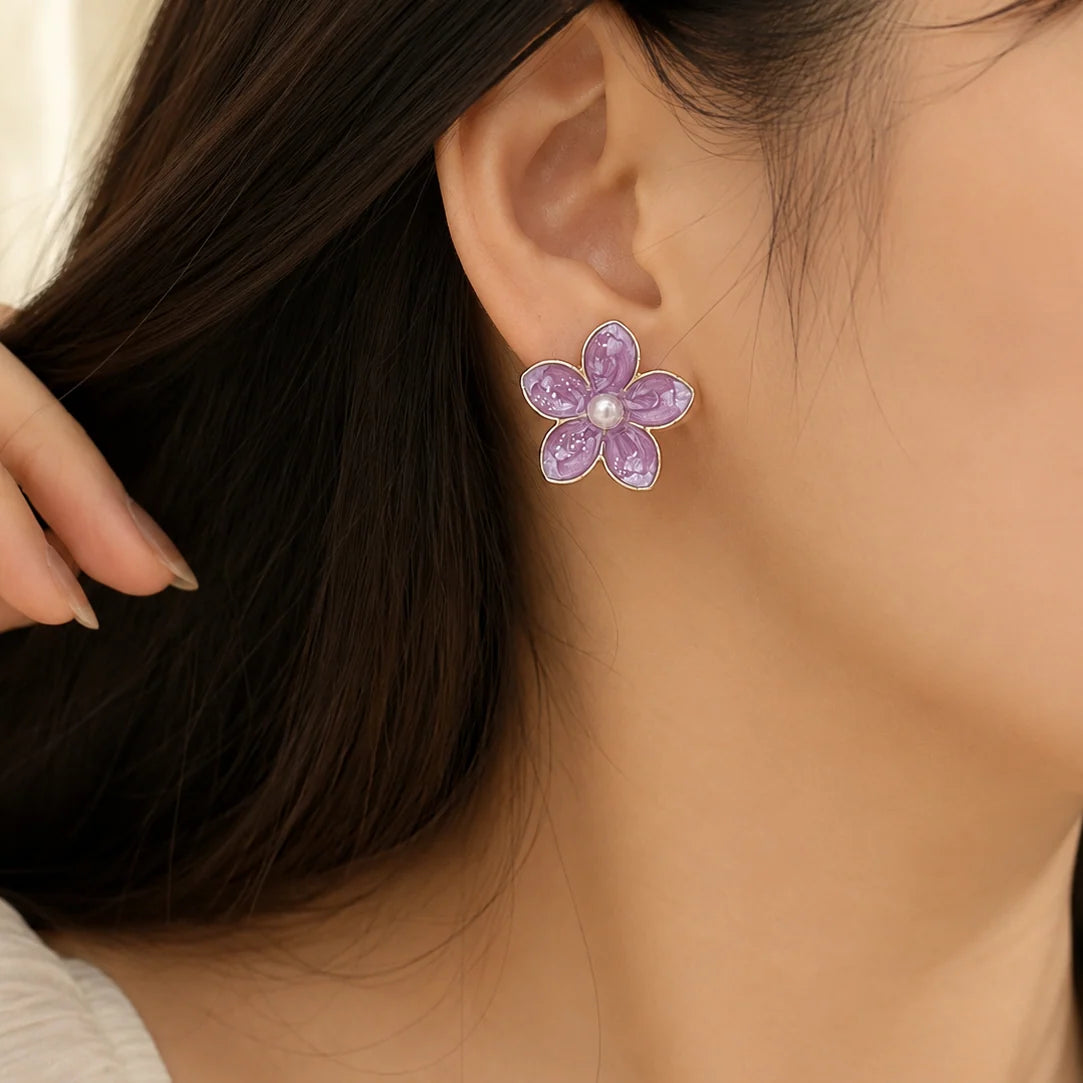 Purple Floral Pearl Stud Earrings for Women – Gold-Tone Enamel Flower Demi Fine Earrings - Soul Jewellery