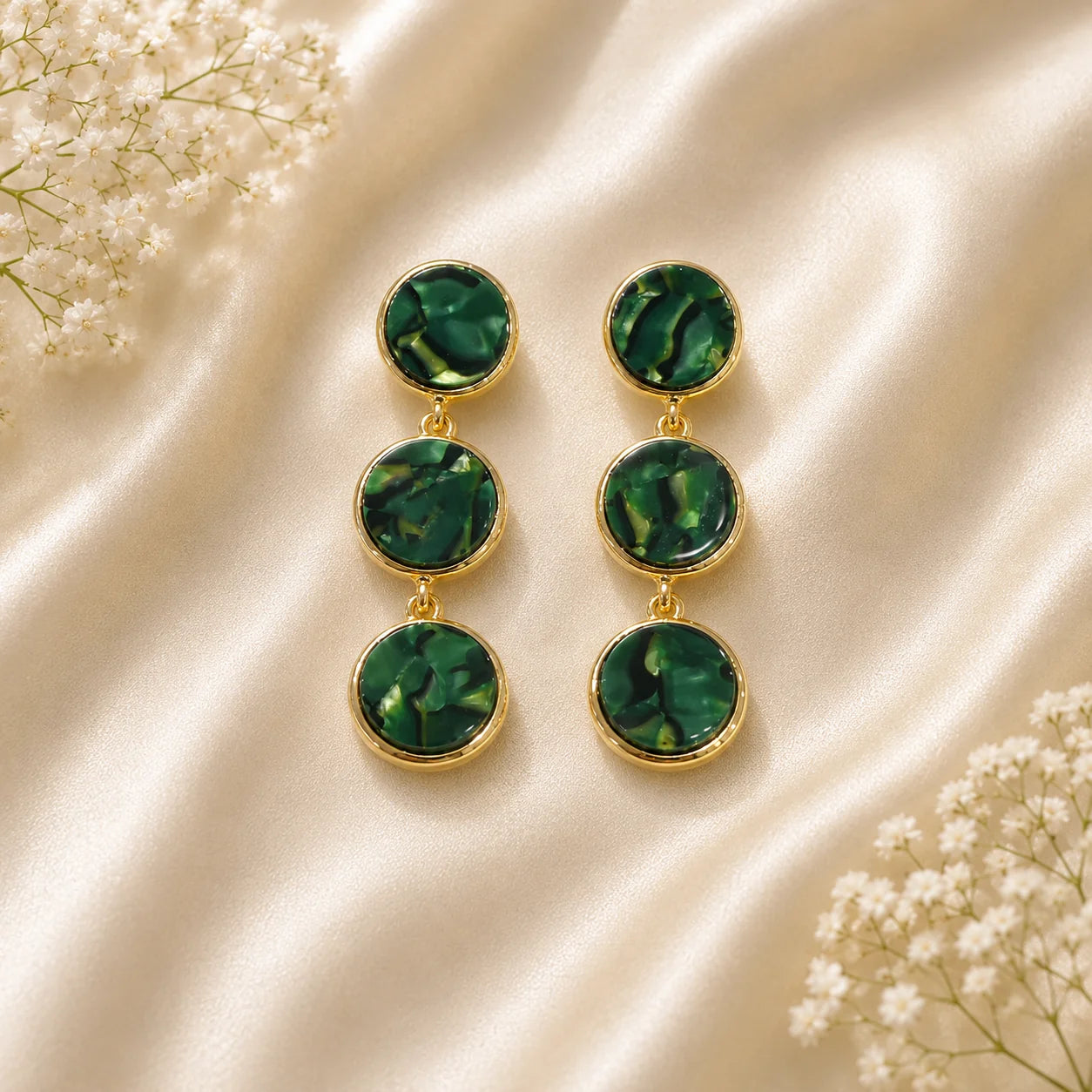 Emerald Green Marble-Effect Triple Drop Earrings for Women – Gold-Tone Long Statement Dangle