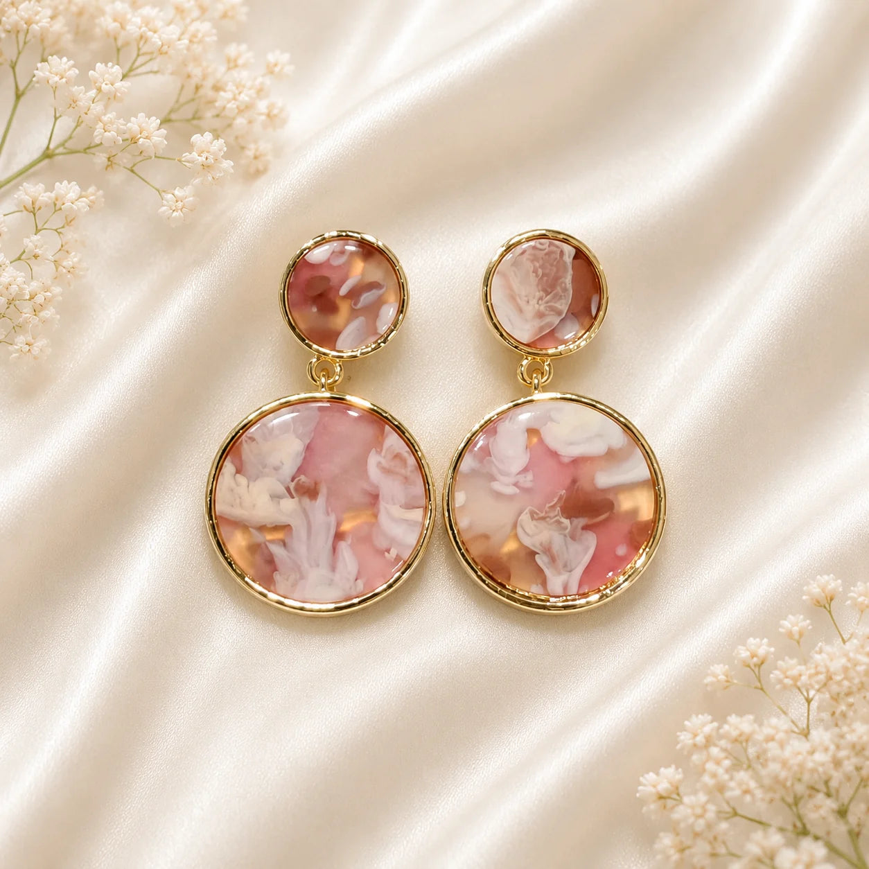 Blush Pink Marble-Effect Round Drop Earrings for Women – Gold-Tone Double Circle Dangle Earrings - Soul Jewellery