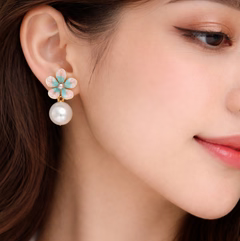 Multicolour Floral Pearl Drop Earrings for Women – Pink & Turquoise Gold-Tone Flower Statement Earrings - Soul Jewellery