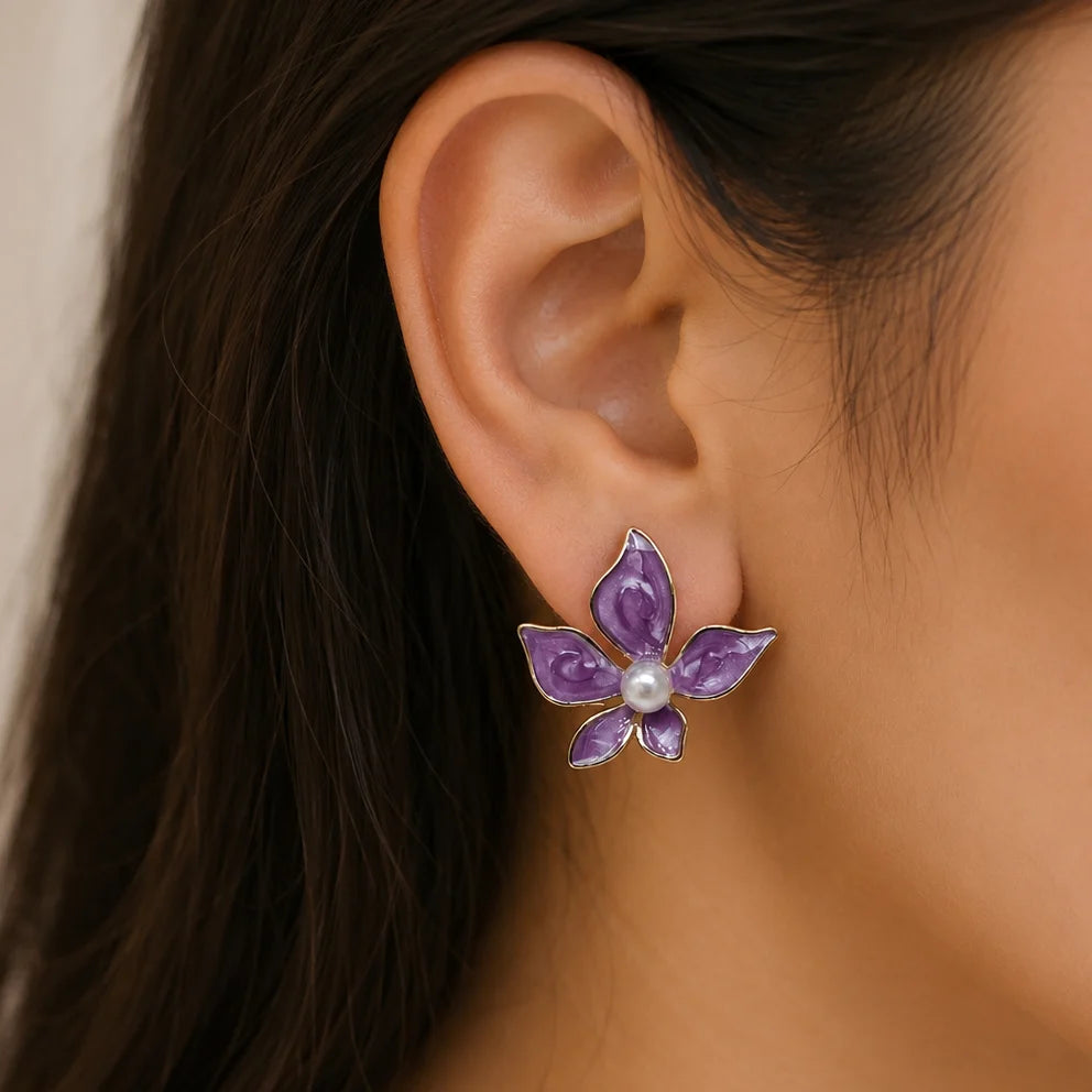Purple Floral Pearl Stud Earrings for Women – Gold-Tone Enamel Flower Earrings - Soul Jewellery