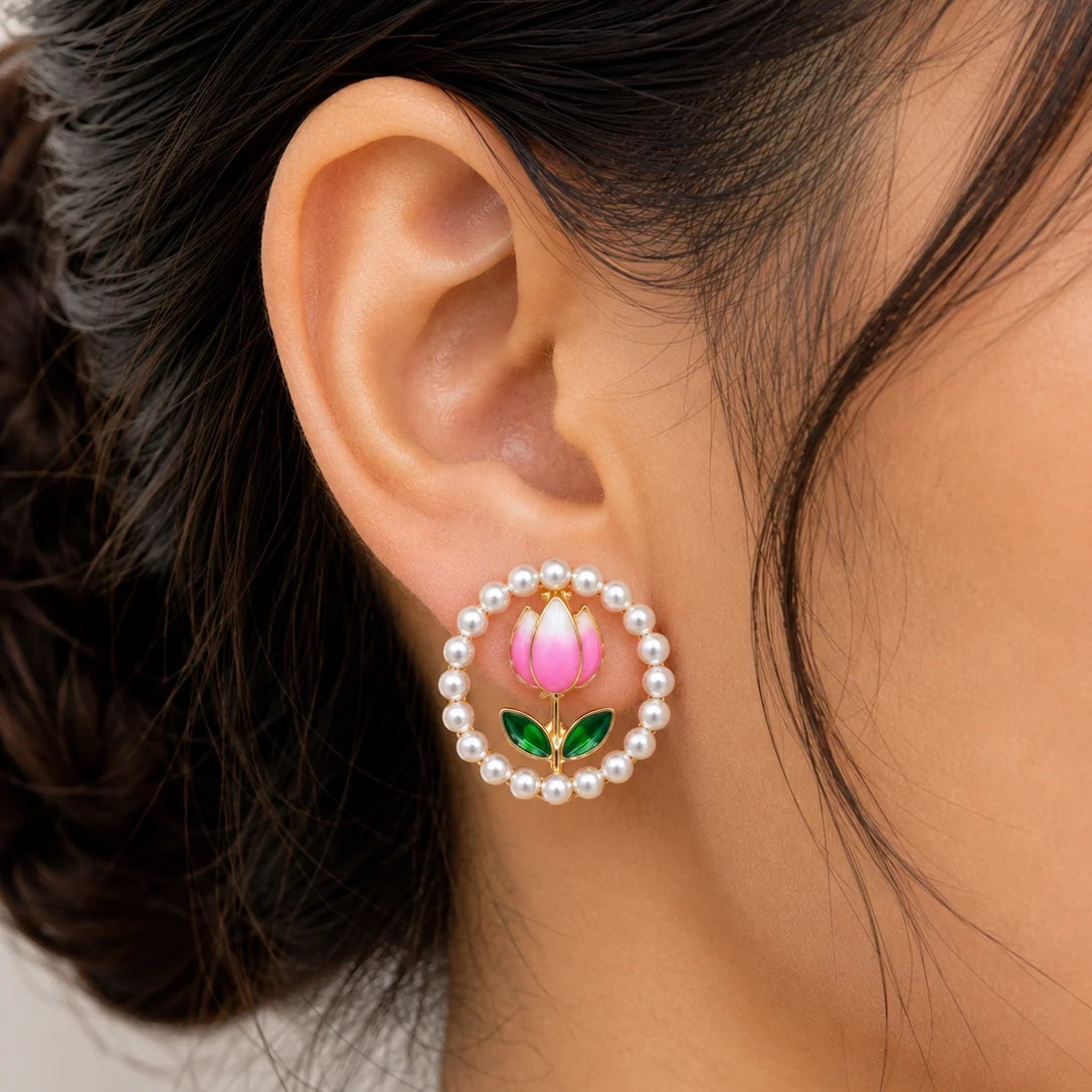Pink Tulip Pearl Stud Earrings for Women – Gold-Tone Floral Earrings with Green Leaf Detail