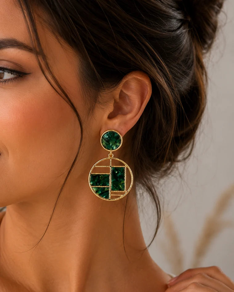 Emerald Green Marble Geometric Drop Earrings – Gold-Tone Statement Dangle Earrings for Women - Soul Jewellery