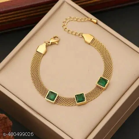 Luxury 18K Gold Plated Anti-Tarnish Green Crystal Bracelet – Elegant Mesh Chain Design for Women