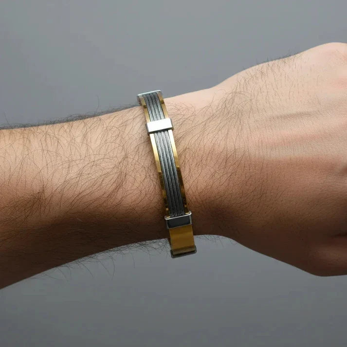 Men’s Dual-Tone Cable Cuff Bracelet – Gold & Silver Minimalist Designer Bangle for Everyday Wear - Soul Jewellery