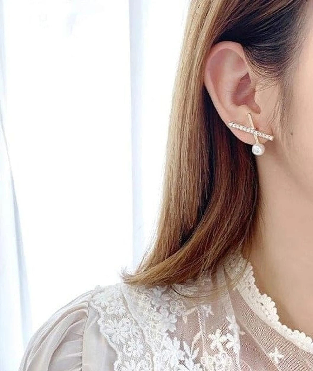 Gold-Tone Pearl & Crystal Bar Stud Earrings for Women – Minimal Geometric Demi Fine Earrings
