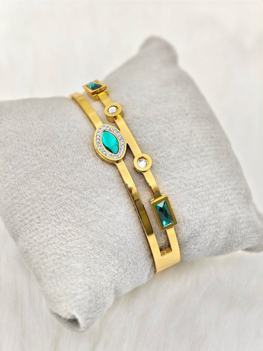 18K Yellow Gold Plated Anti - Tarnish Green Crystal Bangle – Elegant Designer Bracelet for Women with Geometric Accents - The Soul Jewellery