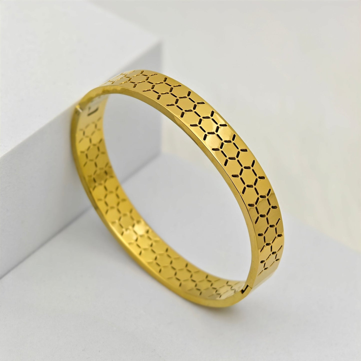 Luxury Gold-Plated Geometric Cutout Bracelet – Anti-Tarnish Stainless Steel Modern Engraved Bangle - The Soul Jewellery