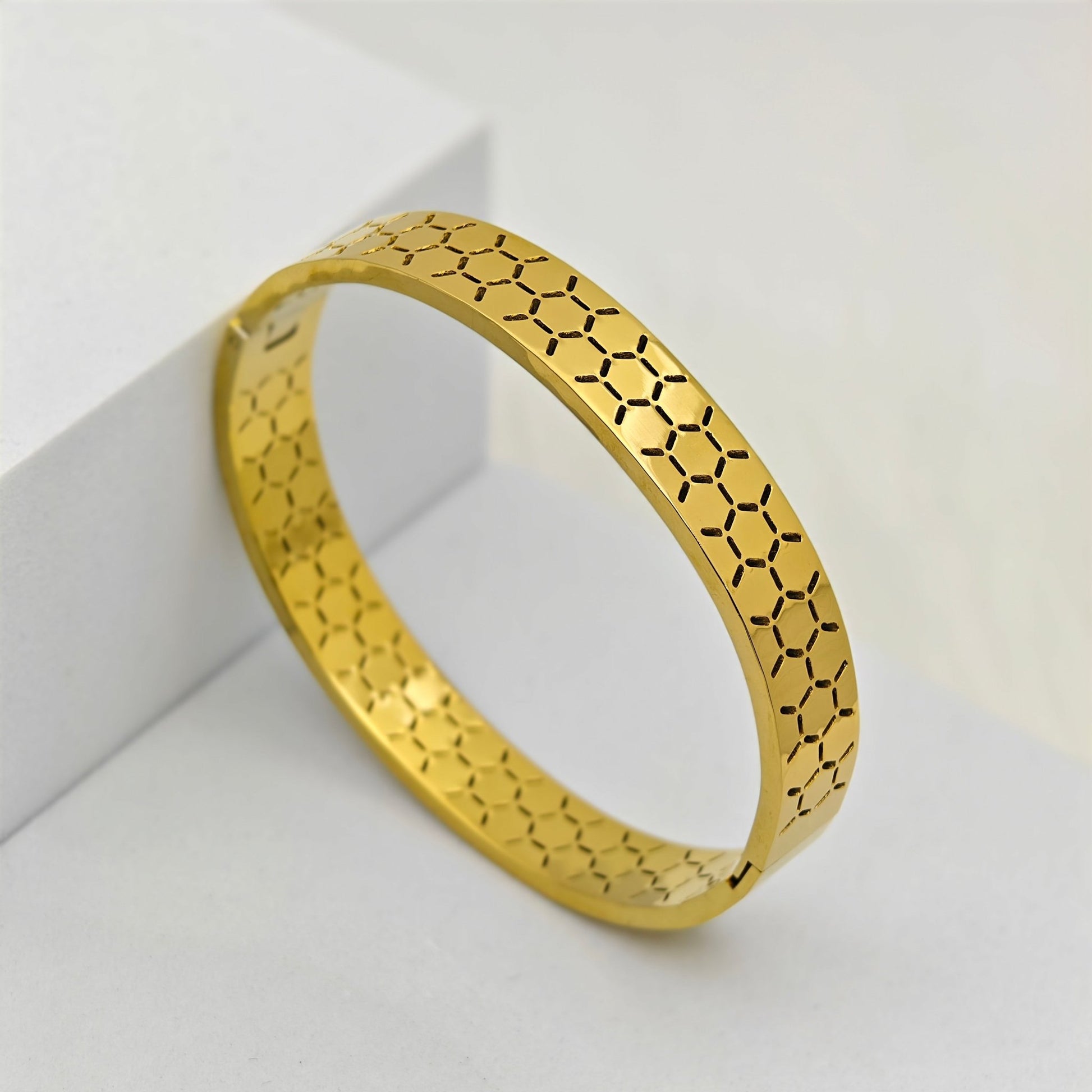 Luxury Gold-Plated Geometric Cutout Bracelet – Anti-Tarnish Stainless Steel Modern Engraved Bangle - The Soul Jewellery
