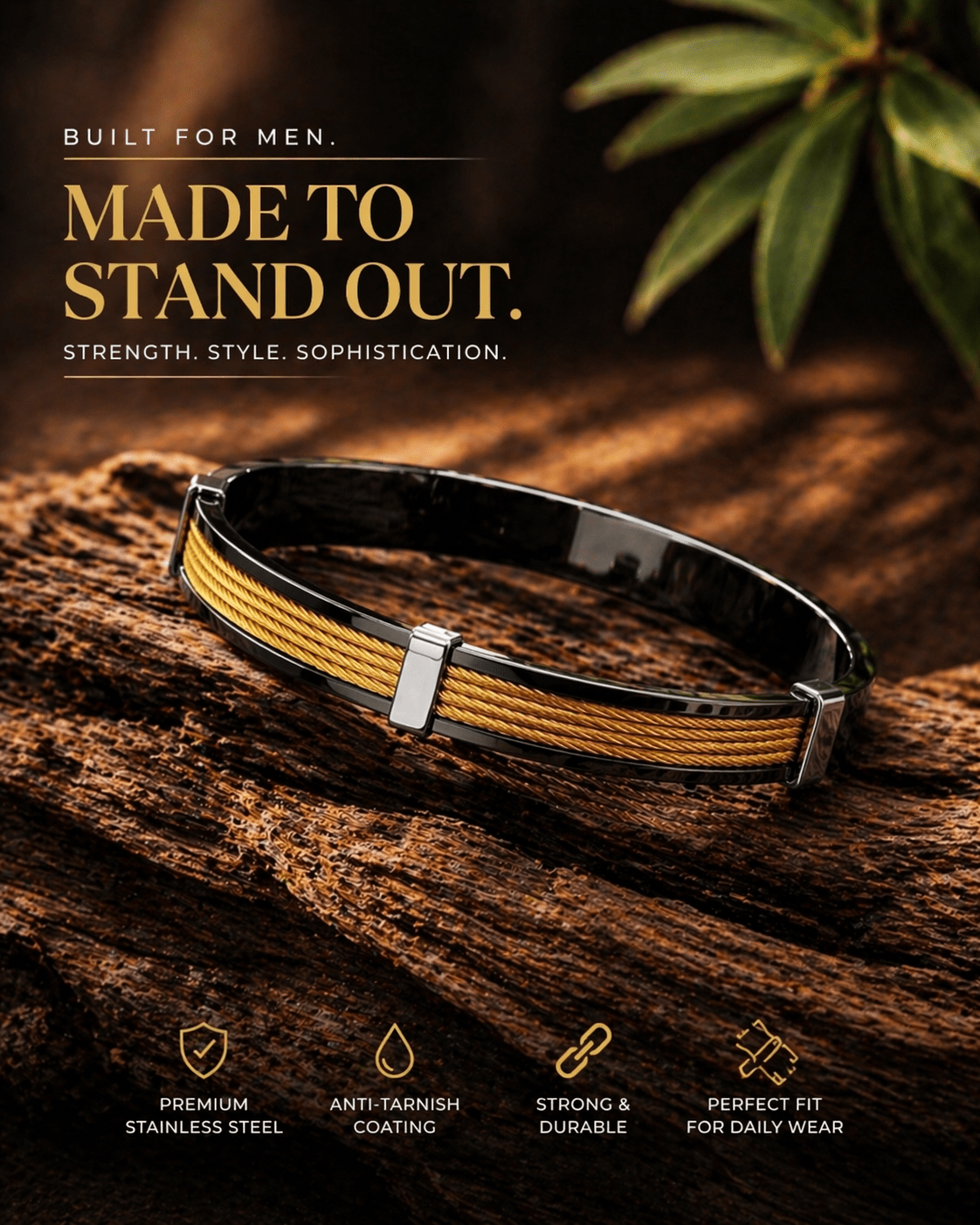 Titan Rope Aura 27™ Men’s Gold & Black Bracelet – Premium Cable Kada | Anti-Tarnish Luxury Cuff - The Soul Jewellery