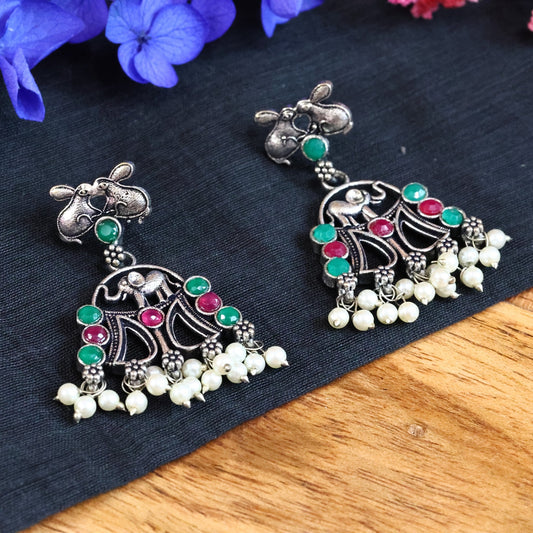 Red And Green Monalisa Stone Studded Silver Replica Temple Earrings GSE400RG - The Soul Jewellery