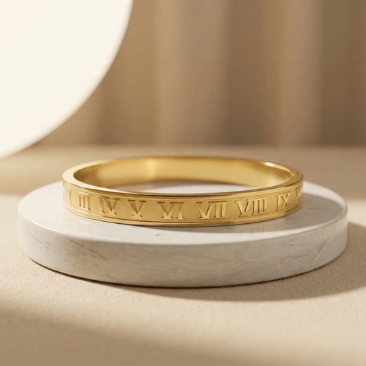 Regal Roman Aura 27™ Men’s Gold Bracelet – Engraved Roman Numeral Kada | Anti-Tarnish Minimal Cuff - The Soul Jewellery
