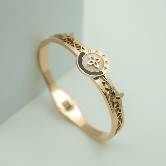 Elegant 18K Rose Gold Plated Anti - Tarnish Bangle with Floral and Crescent Design – Crystal Accented Luxury Jewelry RGB361 - The Soul Jewellery