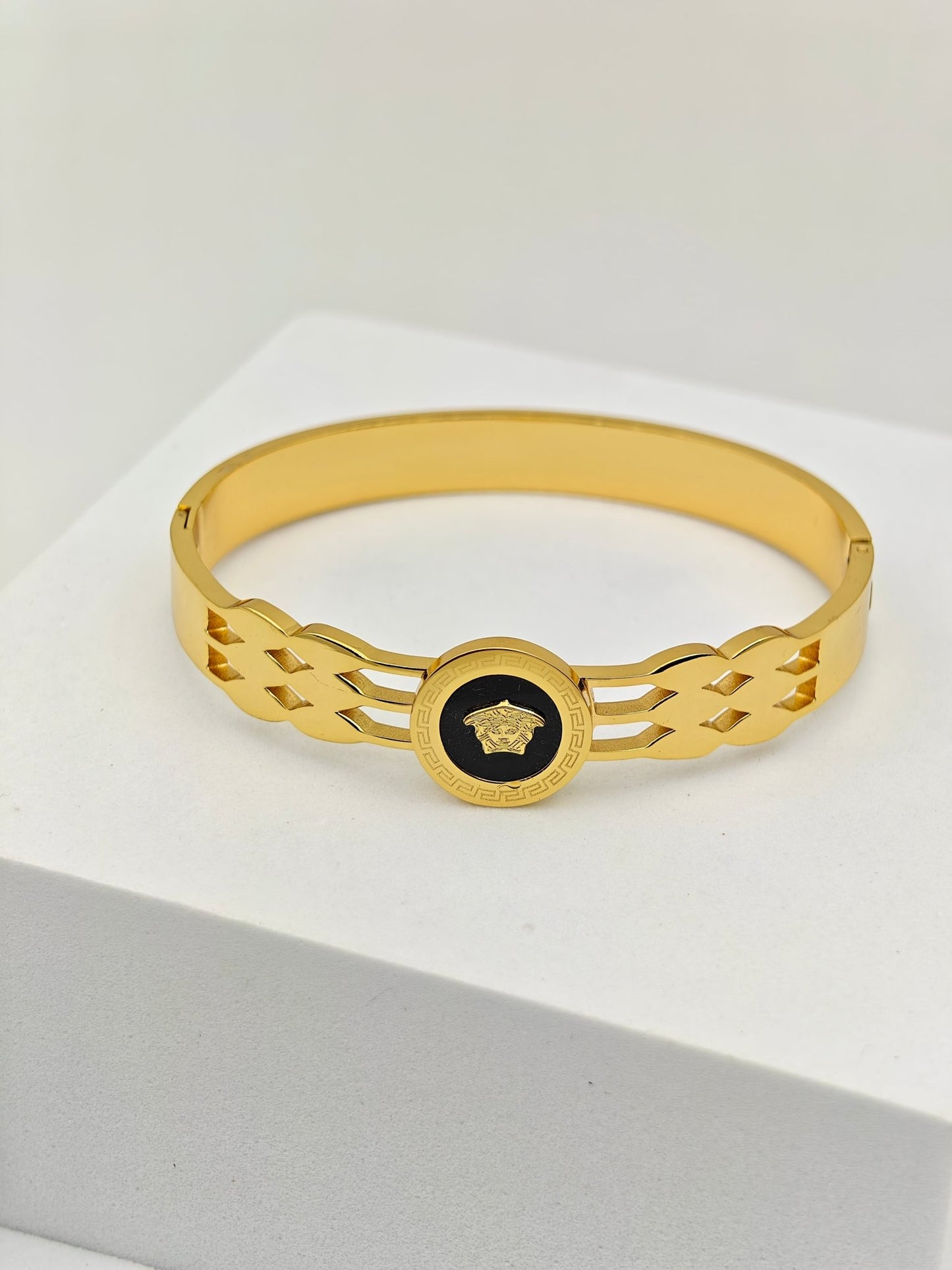 Imperial Dynasty 8™ Medusa Emblem Gold Cuff Bracelet for Men – Versace Inspired Black Enamel Luxury Stainless Steel Demi - Fine Power Kada - The Soul Jewellery