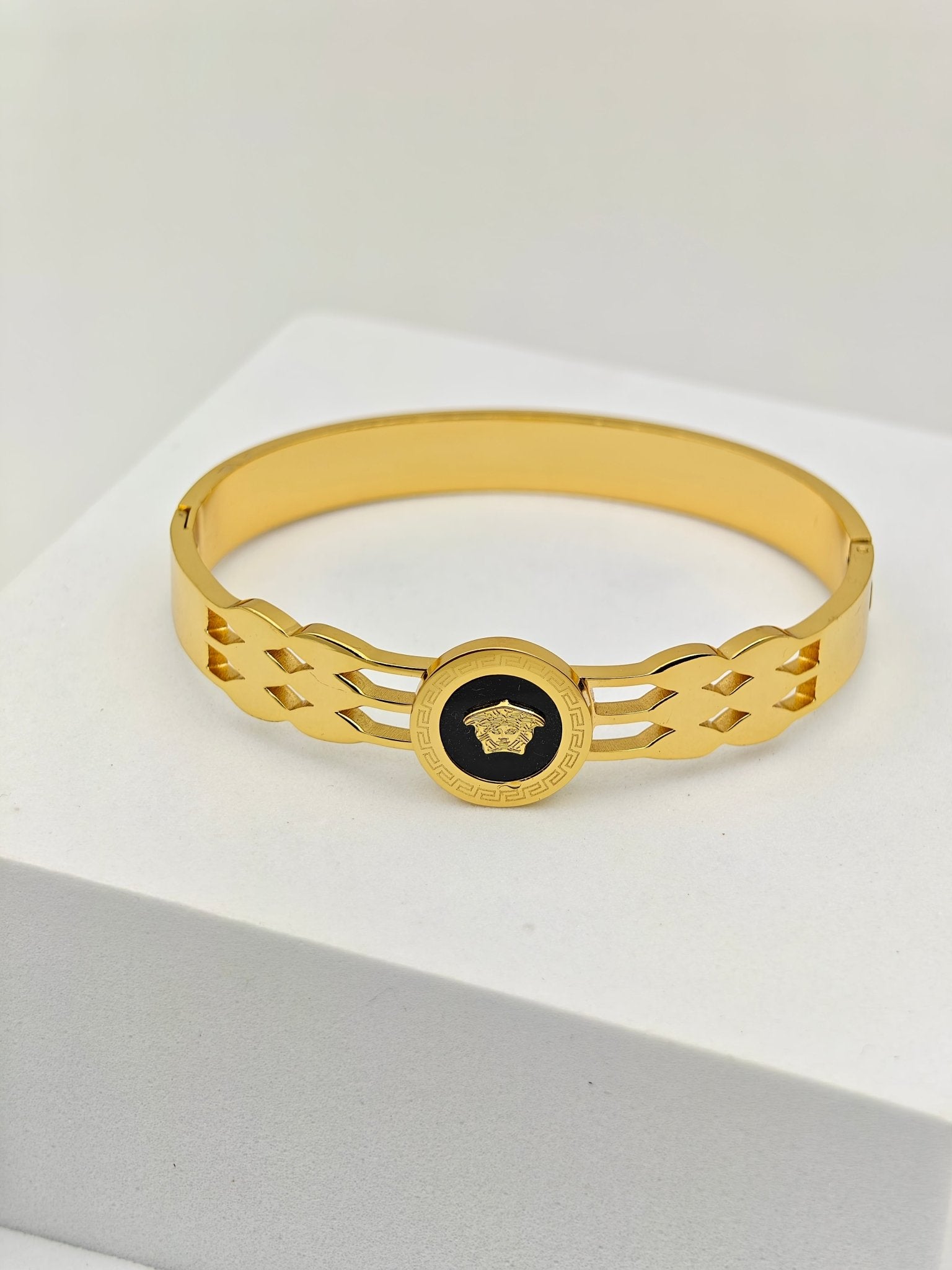 Imperial Dynasty 8™ Medusa Emblem Gold Cuff Bracelet for Men – Versace Inspired Black Enamel Luxury Stainless Steel Demi - Fine Power Kada - The Soul Jewellery