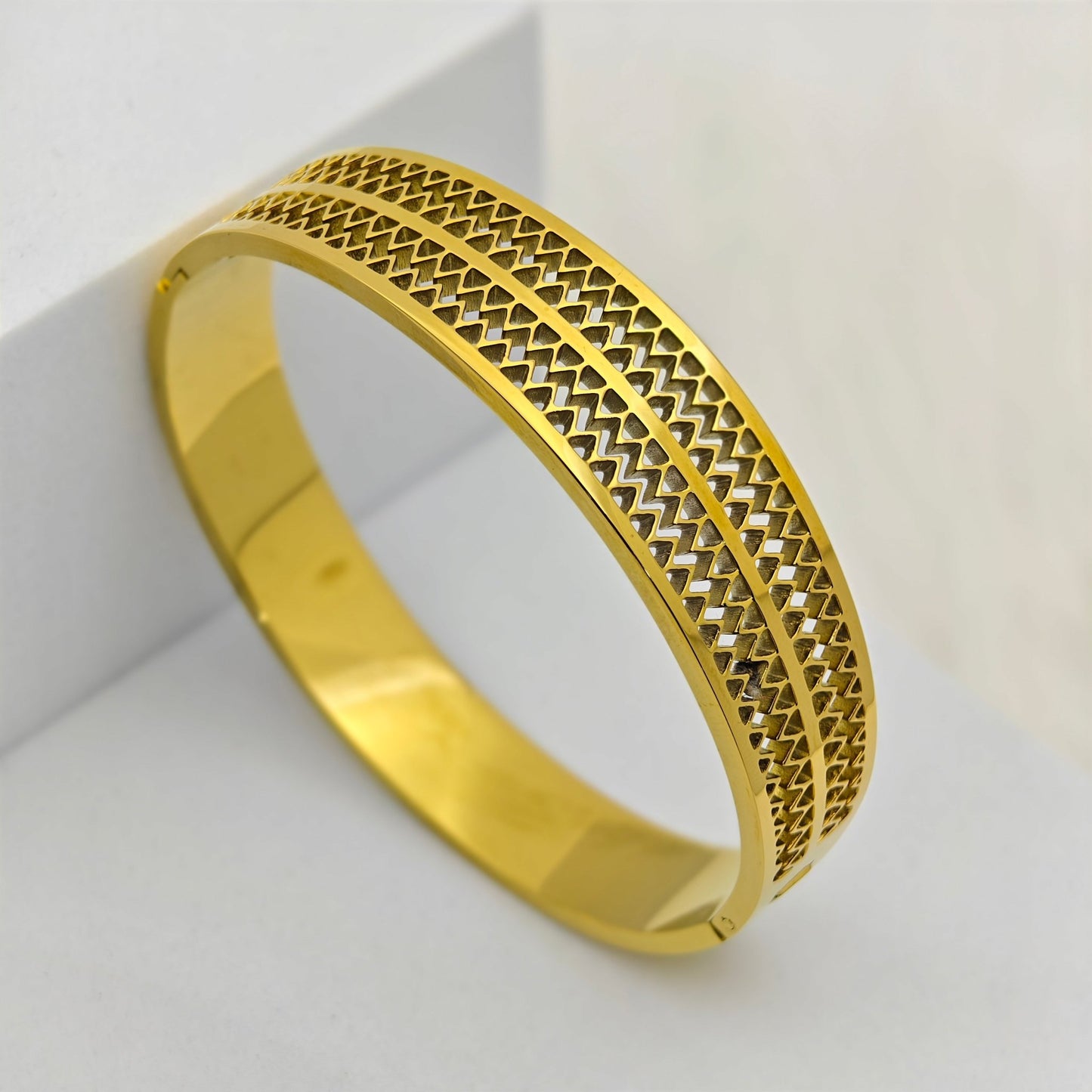 Luxury 22K Gold - Plated Geometric Cutout Bracelet – Anti - Tarnish Stainless Steel Statement Bangle - The Soul Jewellery