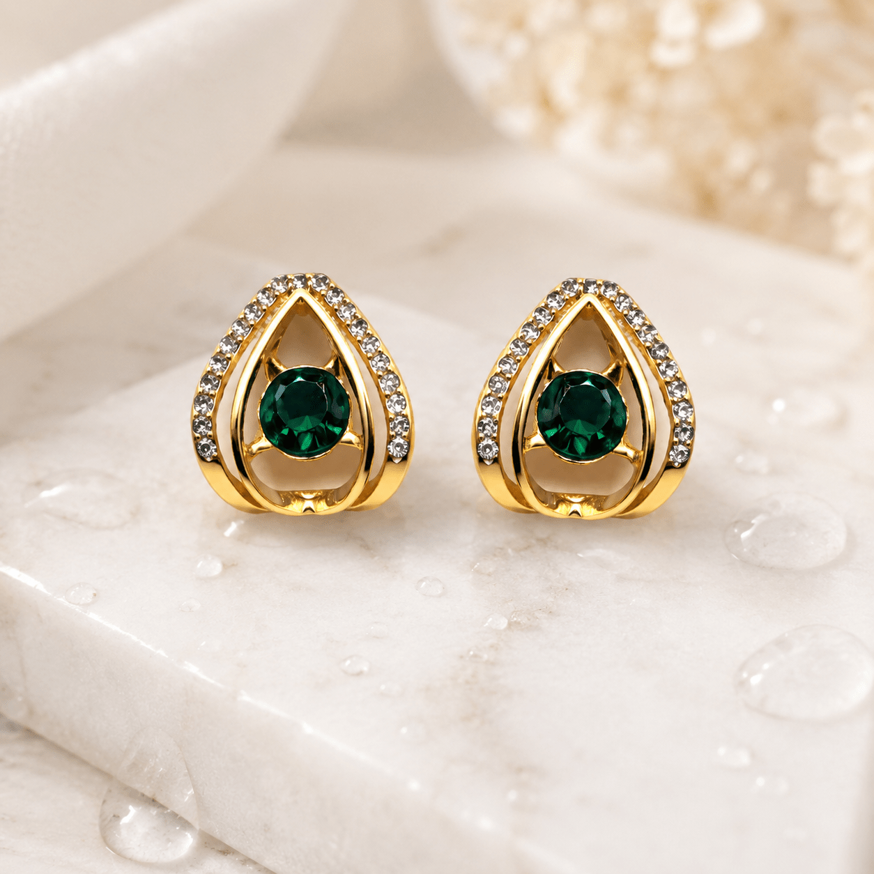 Emerald Green Teardrop Crystal Stud Earrings for Women | Gold-Tone Statement Earrings - Soul Jewellery