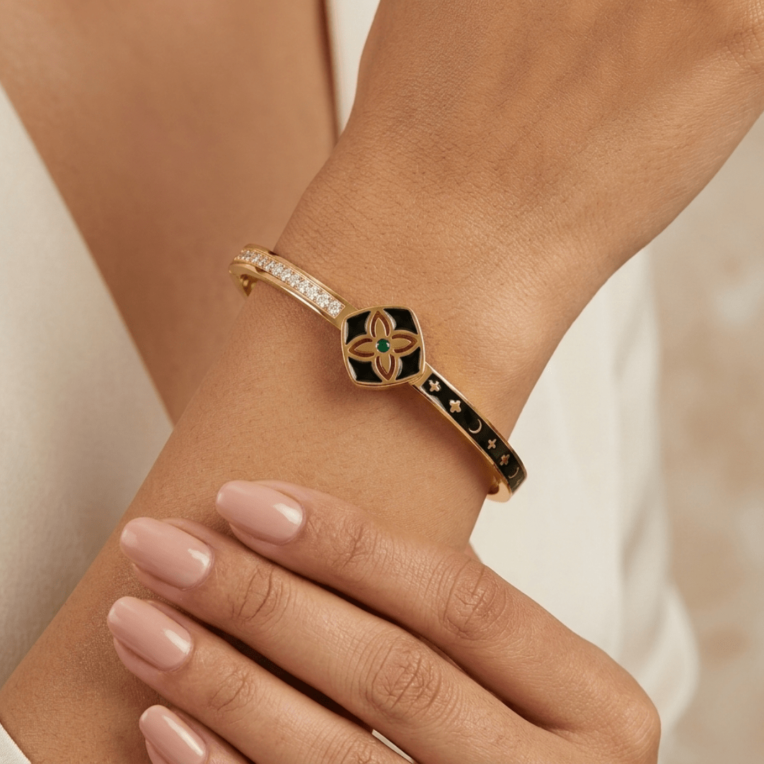 Royal Prosperity 6™ – 22K Gold Plated Anti - Tarnish Openable Kada for Women with Black Enamel & Green Crystal - The Soul Jewellery