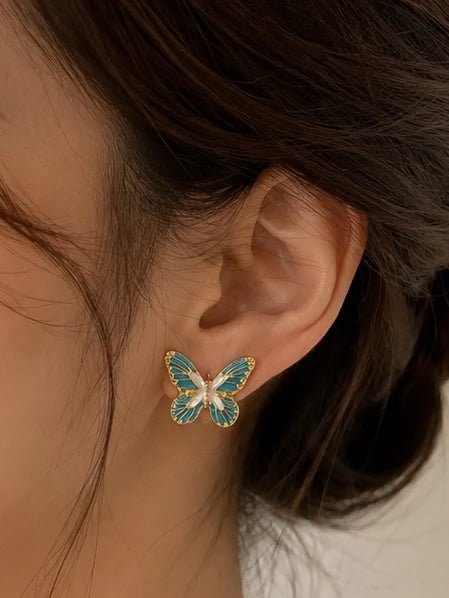 Turquoise Blue Butterfly Stud Earrings for Women – Gold-Tone Enamel Butterfly Earrings - Soul Jewellery