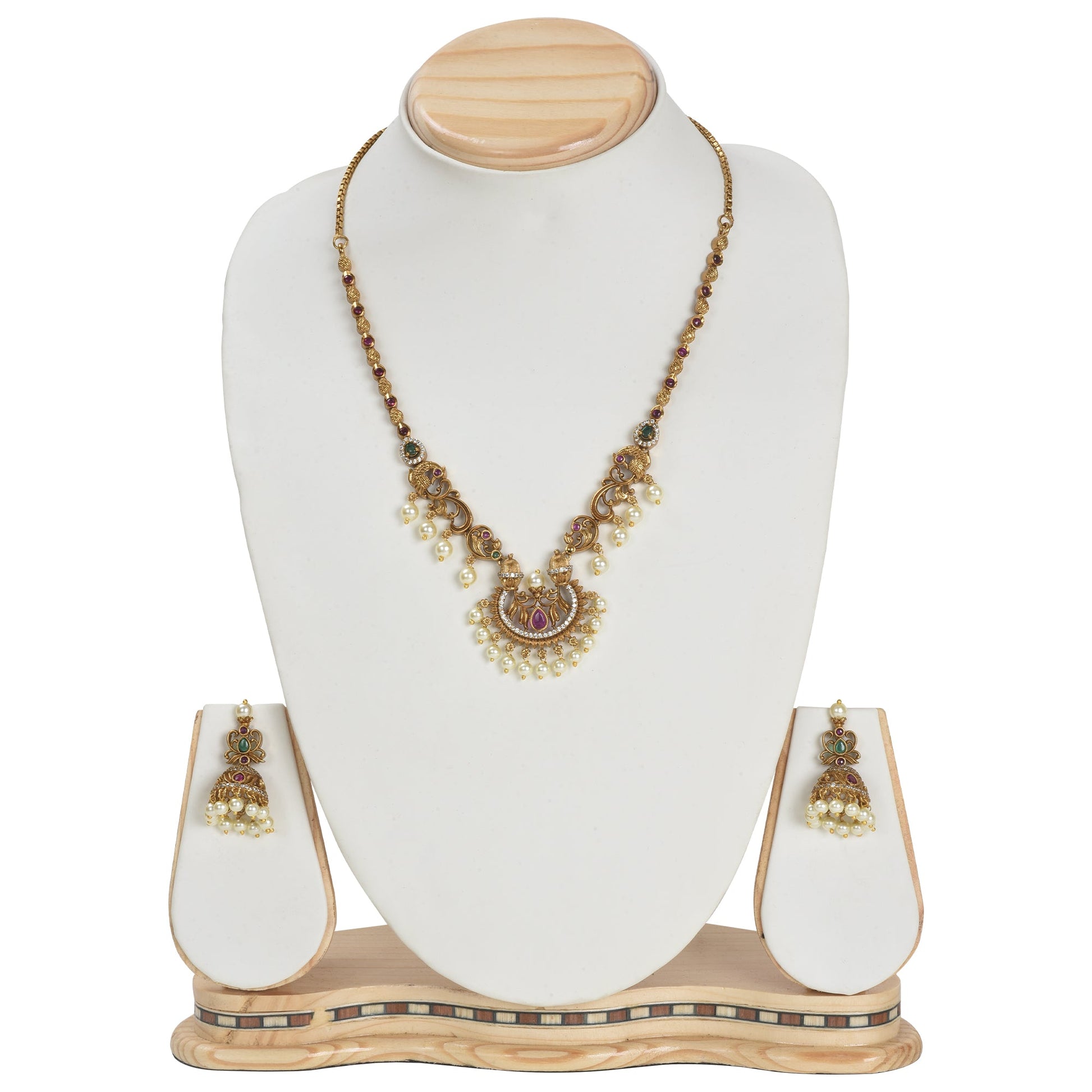 Ayanika Antique Gold - Plated Short Necklace & Jhumka Earring Set - The Soul Jewellery