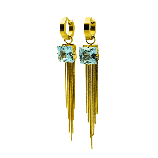 Elegant Tassel Drop Earrings with Aquamarine Square Gem – 18K Gold Plated, Anti - Tarnish Finish ATER302 - The Soul Jewellery