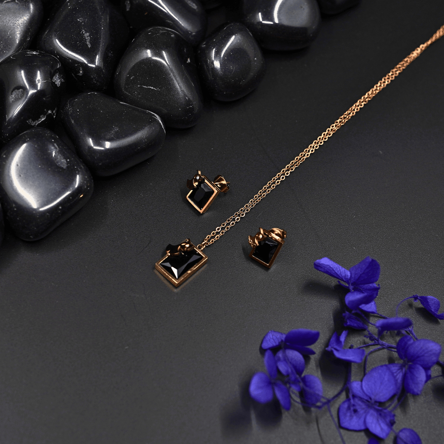 Dark Allure: 18K Gold - Plated Anti - Tarnish Necklace and Earring Set with Black Gemstones ATCP140 - The Soul Jewellery