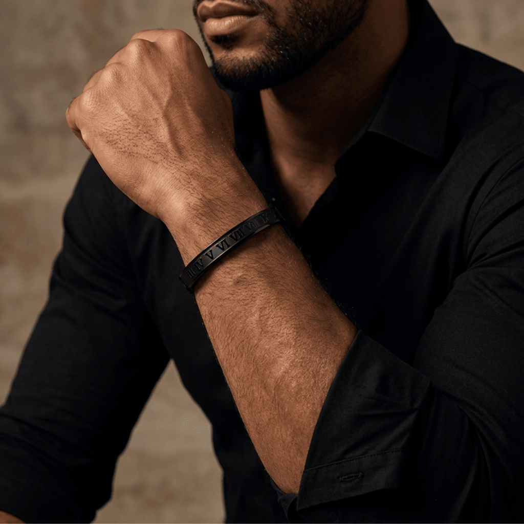 Imperial Roman Aura 27™ Men’s Black Bracelet – Engraved Roman Numeral Kada |Daily wear Minimal Cuff - The Soul Jewellery