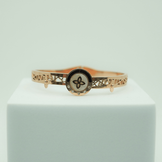 Elegant 18K Rose Gold Plated Anti - Tarnish Bangle with Floral and Crescent Design – Crystal Accented Luxury Jewelry RGB361 - The Soul Jewellery