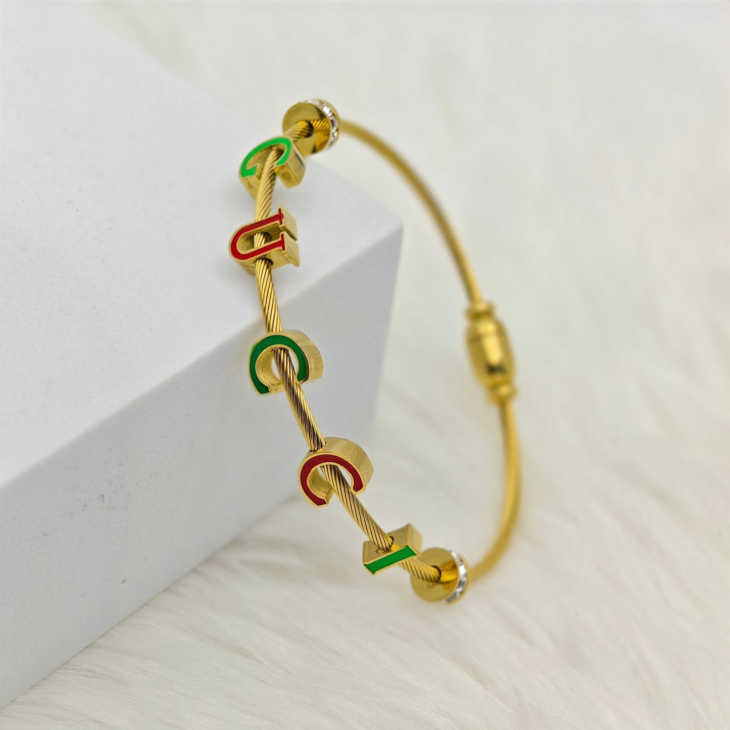 Luxury 22K Gold - Plated Gucci - Inspired Charm Bracelet – Anti - Tarnish Stainless Steel Cable Bangle with Enamel Letter Charms RGB447 - The Soul Jewellery