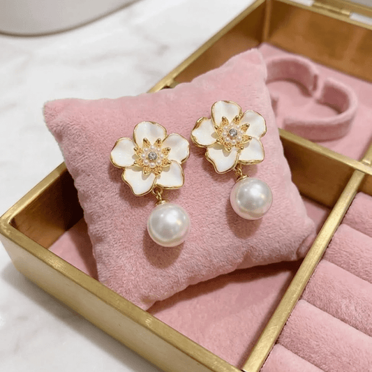 White Enamel Floral Pearl Drop Earrings for Women – Ivory Bloom Aura 6™ Gold Plated Demi - Fine Designer Earrings - The Soul Jewellery