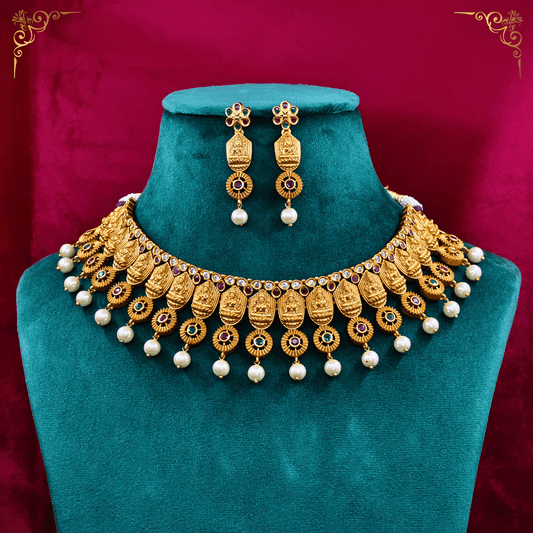 22K Gold - Plated Anisha Choker Temple Necklace Set with Laxmi Devi Motif MGNC101 - The Soul Jewellery