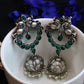 German Silver Oxidized Peacock Jhumka with Monalisa Green Stones - The Soul Jewellery