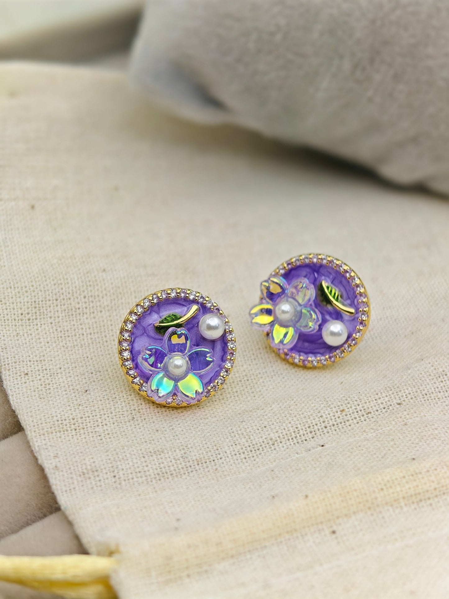 AntiTarnish Purple Enamel Stud Earrings with Pearl & Floral Detailing – Everyday Statement Jewelry - The Soul Jewellery