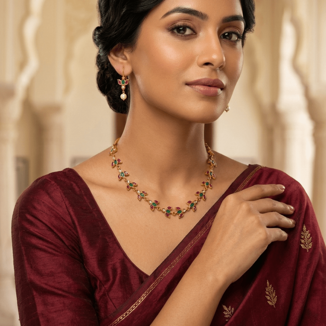 Royal Lotus Heritage™ Traditional Temple Necklace Set for Women – Gold Plated South Indian Floral Design with Ruby Green Stones & Pearl Drop Earrings - The Soul Jewellery
