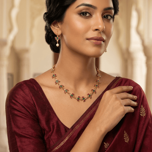 Royal Lotus Heritage™ Traditional Temple Necklace Set for Women – Gold Plated South Indian Floral Design with Ruby Green Stones & Pearl Drop Earrings - The Soul Jewellery