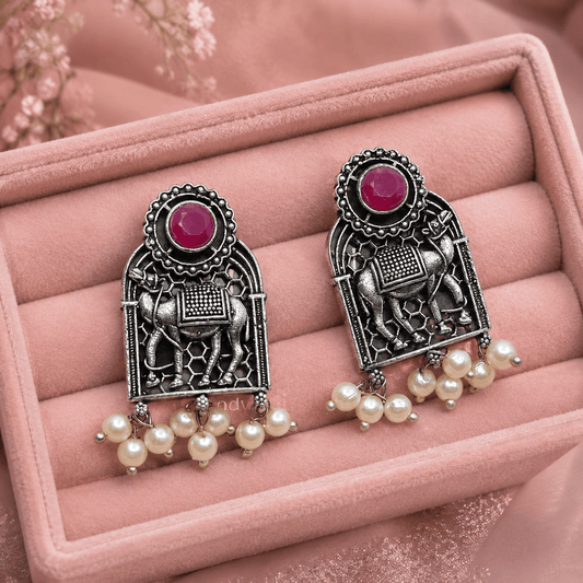 Oxidised Camel Pearl Earrings for Women | Antique Silver Replica Tribal Earrings with Ruby Red Stone - The Soul Jewellery