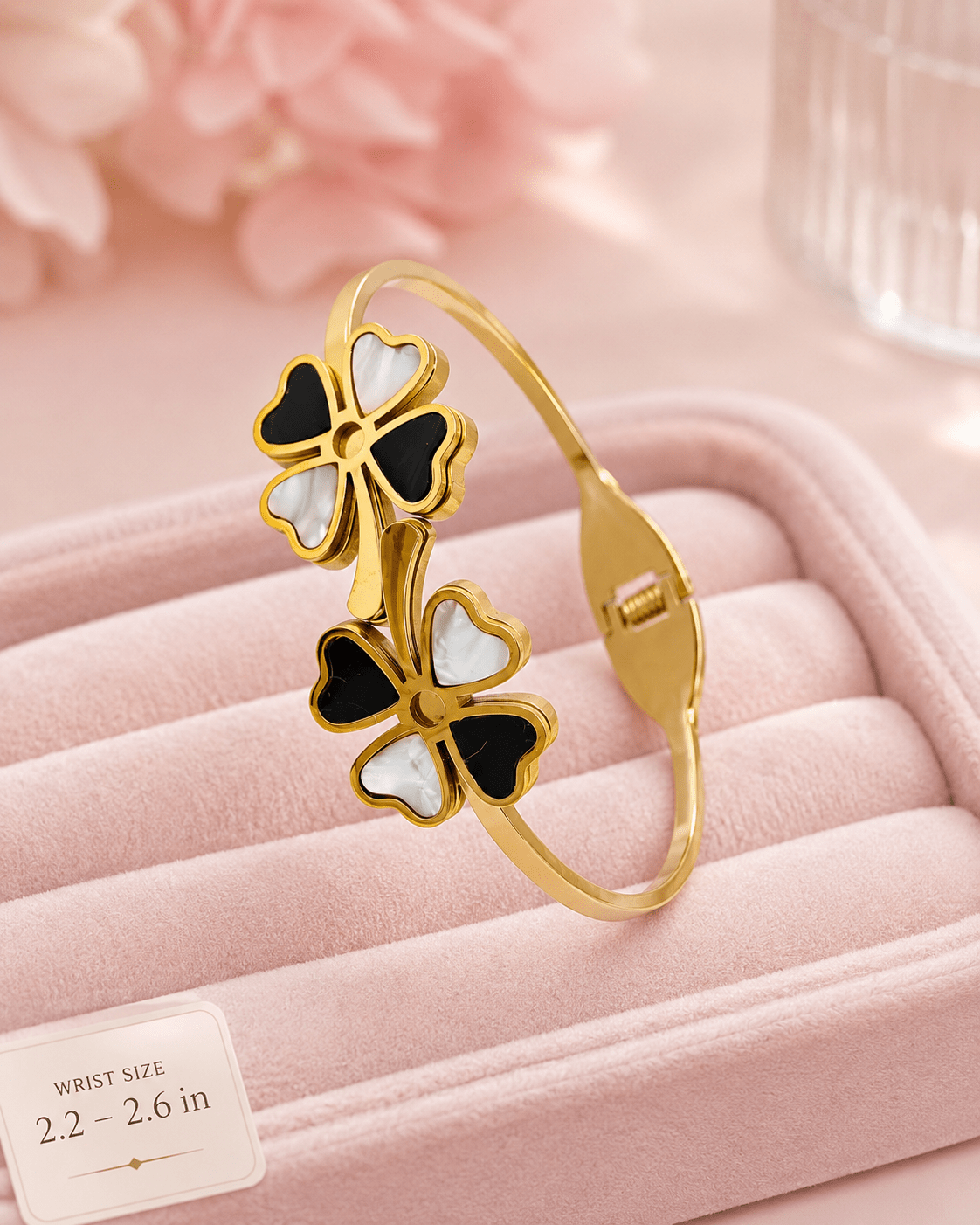 Elegant 18K Gold Plated Clover Flower design Bangle with Black and White Enamel Accents for Women - The Soul Jewellery