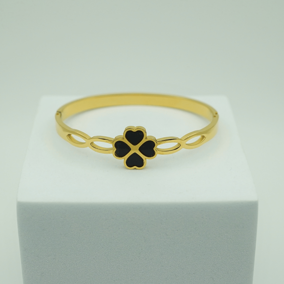 Gold Plated Anti-Tarnish Four-Leaf Clover Bangle Bracelet for Women–Lucky Charm Daily wear Bracelet- The Soul Jewellery