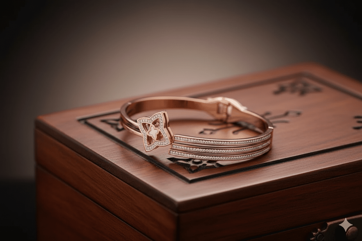 Luxury Rose Gold Clover Bangle Bracelet with CZ Accents | Anti - Tarnish Elegant Bracelet for Women - The Soul Jewellery